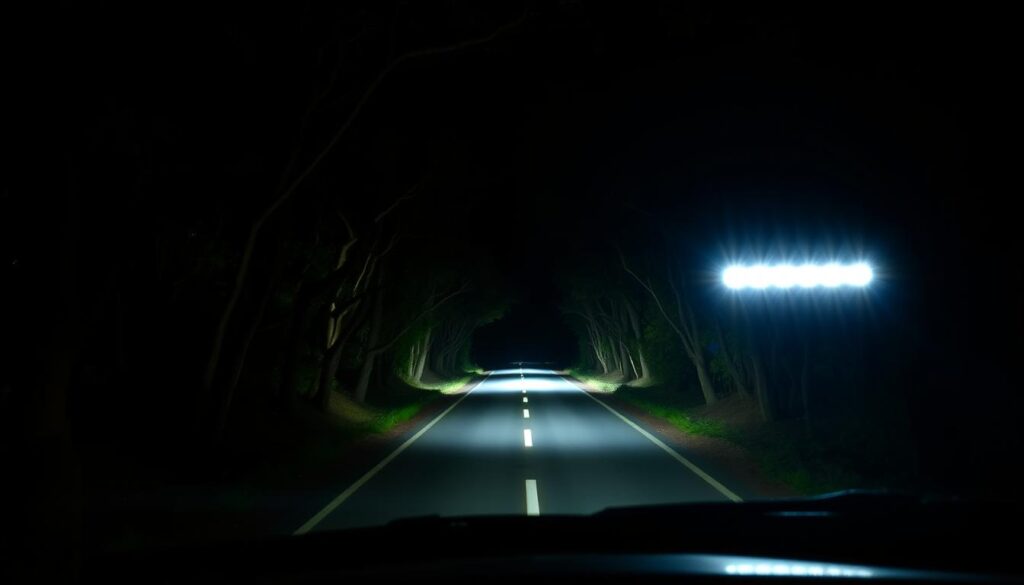 Vehicle with LED light bar illuminating a dark forest road in Maharashtra