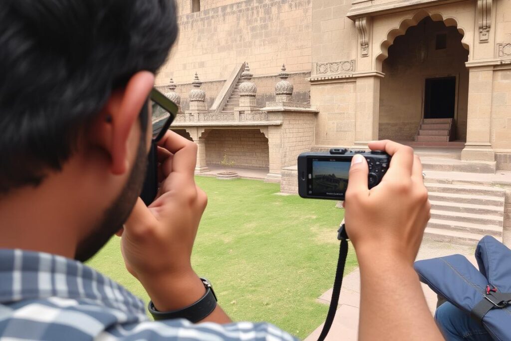Visitor taking photographs at Ballarpur Fort in Maharashtra Visitor taking photographs at Ballarpur Fort in Maharashtra