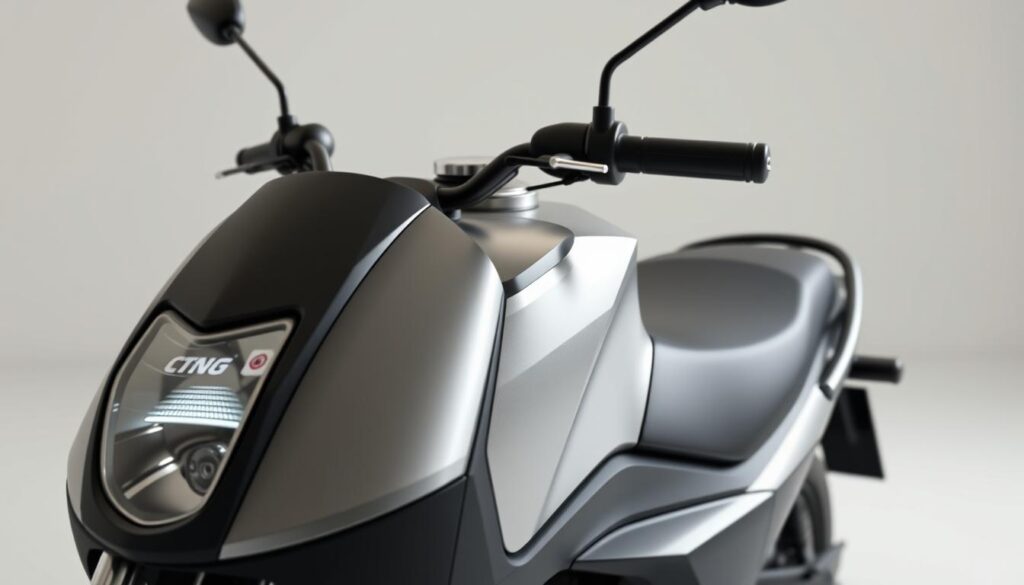 a highly detailed, photorealistic render of the TVS Jupiter CNG fuel tank design, shown from a front-three-quarter angle. The tank is prominently featured in the foreground, with a clean, well-lit studio environment in the background. The tank's shape, size, and placement on the scooter are precisely captured, showcasing the CNG storage solution. The image has a sharp focus, neutral color palette, and subtle reflections to highlight the tank's metallic finish and overall design. The lighting is soft and evenly distributed, creating a professional, high-quality appearance suitable for an article illustration.