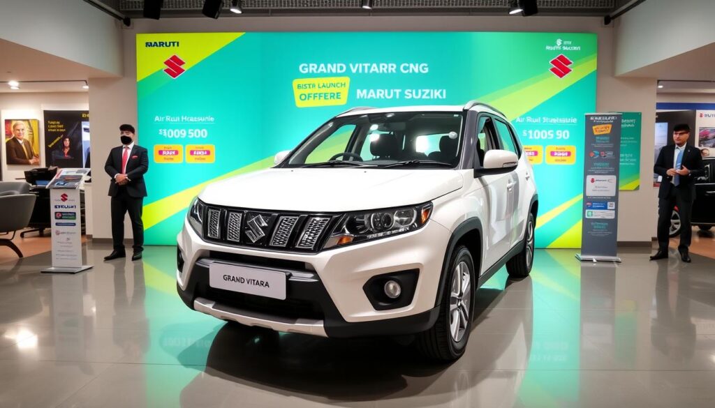 2025 Maruti Suzuki Grand Vitara CNG at dealership with special offer banners 2025 Maruti Suzuki Grand Vitara CNG at dealership with special offer banners