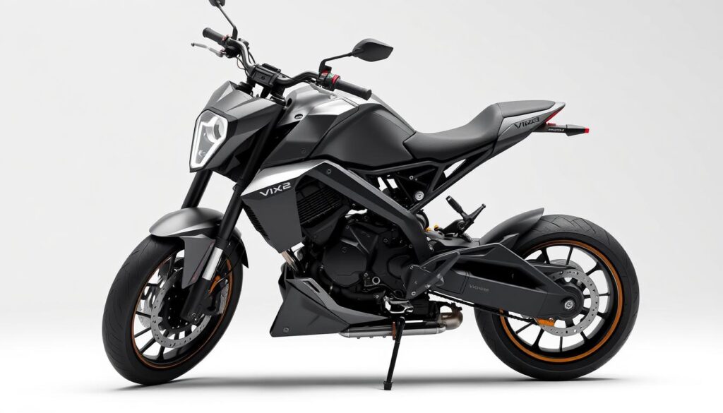 A close-up, highly detailed, studio-lit render of the sleek and modern Vida VX2 electric motorcycle, showcasing its key design elements and technical specifications. The frame is crafted from lightweight yet durable materials, with a pronounced angular silhouette and dynamic lines that convey a sense of speed and power. Prominent features include the distinctive headlight assembly, aerodynamic bodywork, and integrated digital displays providing crucial performance data. The motorcycle is presented against a plain white background, allowing the engineering details to take center stage and highlighting the VX2's premium aesthetics and innovative technology.