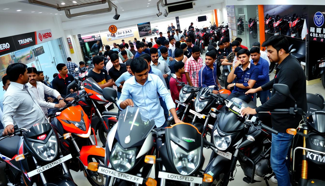 A crowded motorcycle showroom in India with customers examining various sub-500cc motorcycles