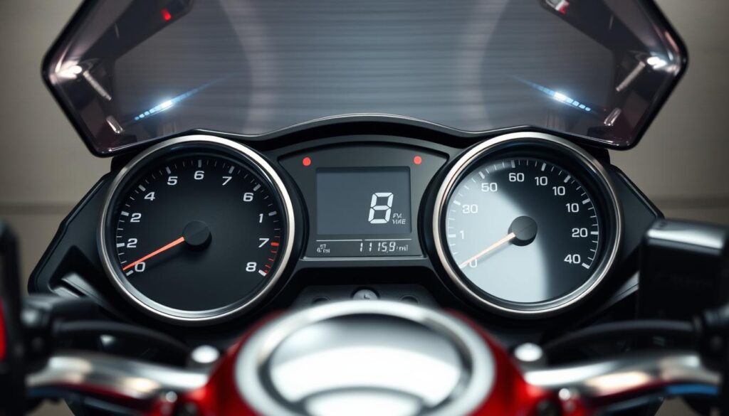 A detailed motorcycle instrument cluster featuring a sleek, modern design. The foreground showcases the tachometer, speedometer, and fuel gauge with crisp, high-contrast dials and indicators. The middle ground includes a digital multi-function display showing various vehicle stats and settings. The background is a brushed metal panel with subtle ambient lighting, creating a premium, high-end aesthetic. The overall composition is captured from a slightly elevated, three-quarter angle to emphasize the dynamic, driver-centric layout. Lighting is balanced, with a combination of direct and diffused illumination highlighting the intricate details and textures of the instrumentation.