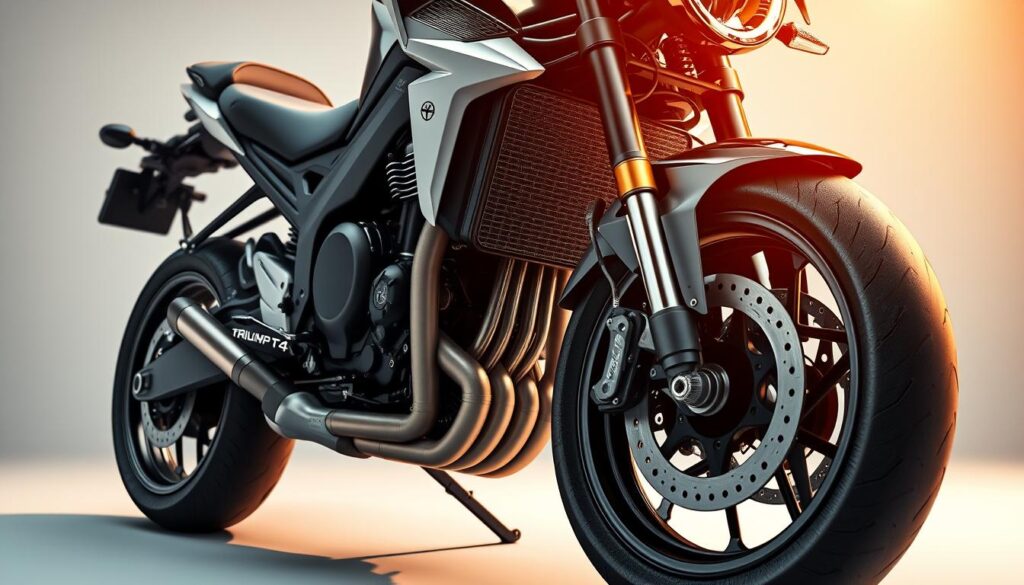 A highly detailed, photorealistic rendering of the Triumph Speed T4 motorcycle, showcased in a dynamic, action-oriented pose. The bike is depicted in a dramatic, low-angle perspective, emphasizing its powerful stance and muscular design. The engine is prominently featured, with intricate details of the fuel injection system, high-performance exhaust, and hefty crankshaft visible, conveying a sense of raw power and torque. The bike's sleek, aerodynamic body is illuminated by warm, directional lighting, casting dramatic shadows and highlights that accentuate its sculpted curves. The background is a clean, minimalist setting, allowing the motorcycle to be the central focus, showcasing its exceptional performance capabilities and value-for-money proposition.
