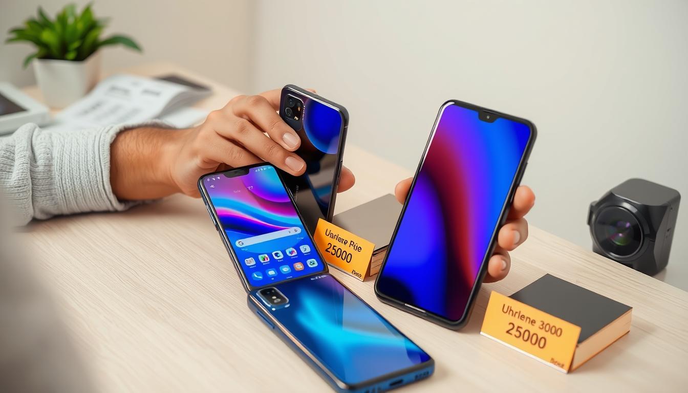 A person comparing different mobile phones under 25000 in 2025