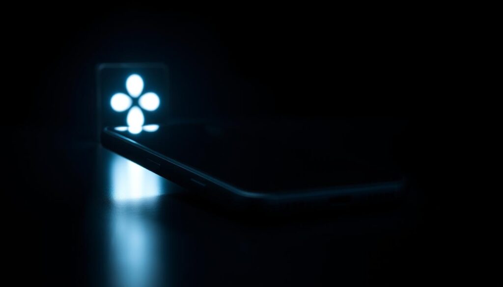 A sleek and modern Nothing Phone 2 smartphone, its distinctive glyph lights gently illuminating the dark background. The device is captured in a well-lit, high-quality studio shot, showcasing its clean lines, premium materials, and striking design. The camera angle emphasizes the phone's screen, hinting at its high-performance capabilities. The lighting is soft and diffused, creating a sense of depth and dimension. The overall mood is one of elegance, innovation, and technical prowess, reflecting the device's position as a cutting-edge, high-end smartphone.