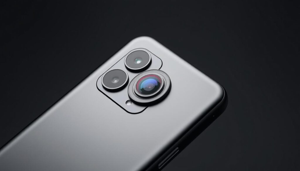 A sleek and modern smartphone camera system, the Nothing Phone 2's triple-lens array is arranged in a minimalist, geometric design. The main camera, flanked by a telephoto and ultrawide lens, is positioned against a backdrop of a matte black chassis, exuding a sophisticated, high-tech aesthetic. Subtle highlights accentuate the camera module, drawing the eye towards its intricate components. Crisp, directional lighting casts subtle shadows, enhancing the depth and dimensionality of the camera system. The overall composition radiates a sense of precision, innovation, and the cutting edge of mobile photography.