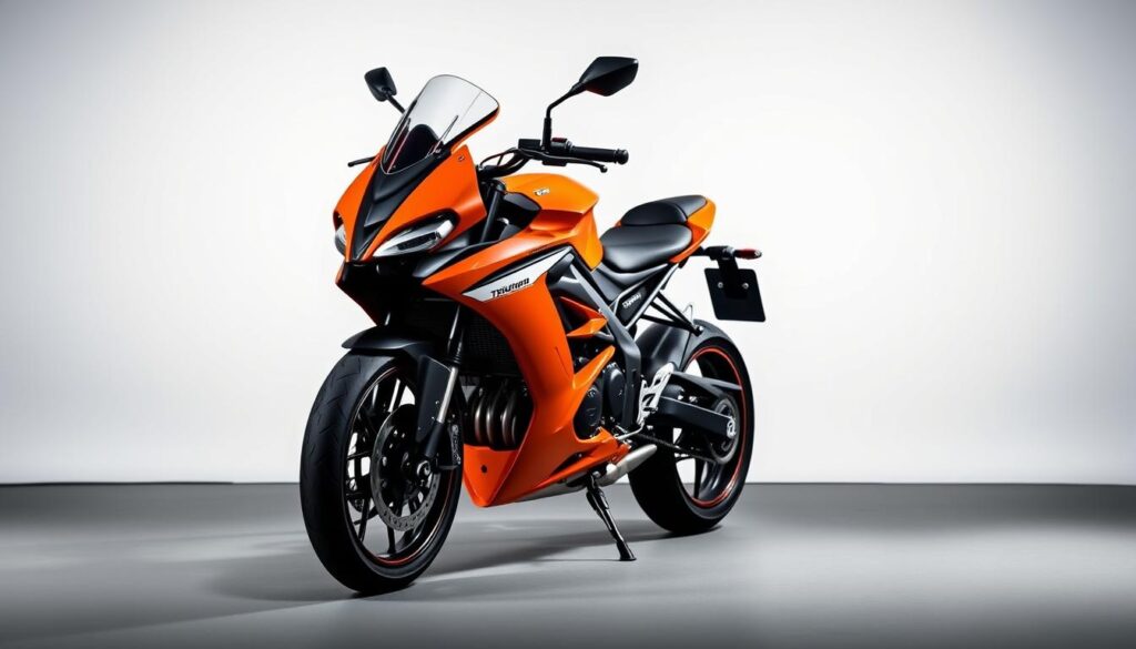 A sleek, baja orange Triumph Speed T4 motorcycle stands in a well-lit studio, its aerodynamic body and sculpted lines accentuated by precise lighting from multiple angles. The mid-ground is filled with a seamless backdrop, allowing the motorcycle to be the sole focus. The overall scene exudes a sense of sophistication and performance, complementing the article's subject matter and the "Design, Styling, and Color Variants" section title. The image aims to showcase the vibrant and dynamic baja orange color variant of the updated Triumph Speed T4 motorcycle.