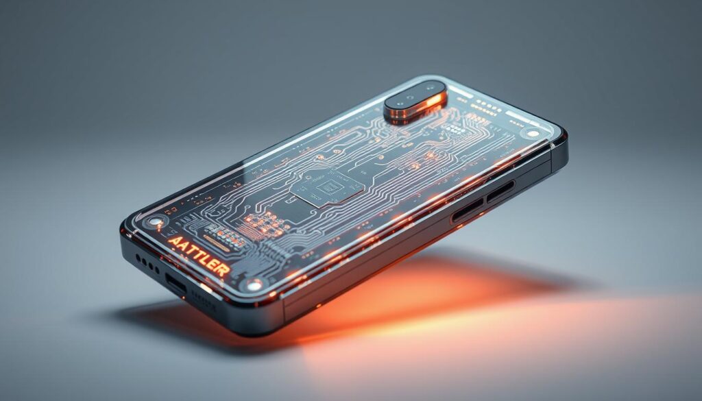 A sleek, futuristic smartphone with a striking glass-and-metal design. The Nothing Phone 2 features a bold, transparent back panel that reveals its intricate circuitry, creating a visually captivating effect. Illuminated by a network of precisely placed LEDs, the phone's rear design dances with a mesmerizing array of light patterns, adding a touch of personality and flair. Captured from a low, angled perspective, the device appears to hover, its clean lines and minimalist aesthetic exuding a sense of premium craftsmanship. Soft, directional lighting accentuates the phone's smooth curves and glossy surfaces, conveying a high-end, sophisticated impression that aligns with the section's focus on design and build quality.
