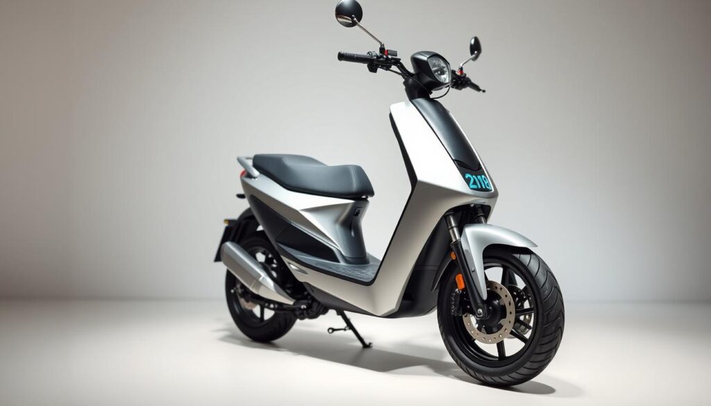 A sleek, modern electric scooter in a well-lit showroom setting. The scooter is prominently displayed, showcasing its streamlined design and futuristic features. The background is clean and minimal, with a neutral color palette that allows the scooter to take center stage. Soft, directional lighting accentuates the scooter's curves and metallic accents, creating a sense of sophistication and high-end appeal. The overall composition conveys a sense of value and quality, highlighting the scooter's price point as a compelling offering in the electric vehicle market.