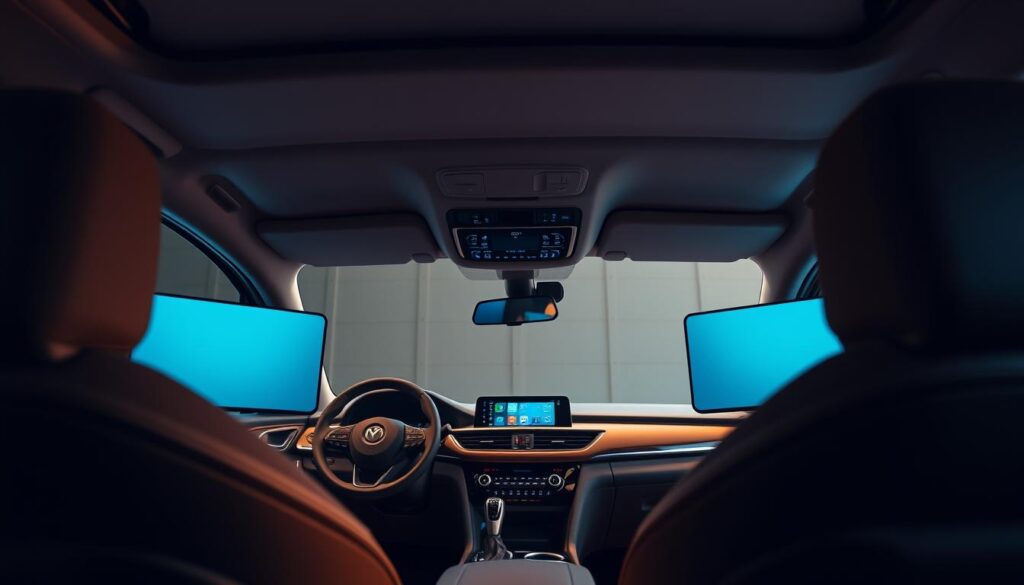 A sleek, modern interior of a 2026 Mahindra XUV 7OO Facelift, showcasing a striking triple screen setup. The three high-resolution displays are seamlessly integrated into the dashboard, creating a futuristic and immersive user experience. Soft, ambient lighting illuminates the cabin, casting a warm glow on the premium leather upholstery and subtle brushed metal accents. The cockpit-like layout and the carefully curated ergonomics exude a sense of sophistication and technological advancement. The scene is captured from a low, dynamic angle, emphasizing the depth and volume of the interior space, drawing the viewer's attention to the innovative triple screen configuration.