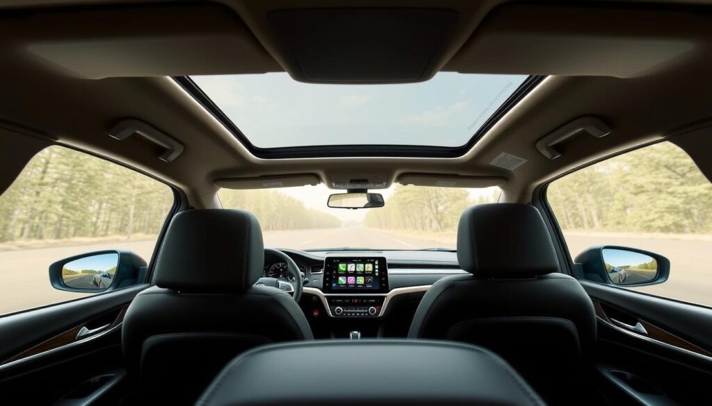 A sleek, modern interior of the 2026 Mahindra XUV 7OO Facelift, showcasing its advanced safety and driver assistance features. In the foreground, a triple-screen display setup dominates the dashboard, offering intuitive controls and real-time information. In the middle ground, a panoramic sunroof bathes the cabin in natural light, highlighting the premium leather upholstery and brushed metal accents. In the background, a suite of sensors and cameras discreetly integrated into the body panels and exterior trim, enabling a comprehensive suite of advanced safety features such as adaptive cruise control, lane keep assist, and autonomous emergency braking. The overall atmosphere conveys a sense of cutting-edge technology, comfort, and reassurance.