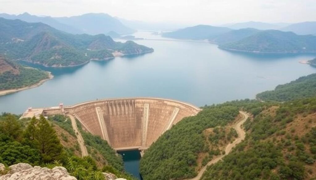Aerial view of Koyna Dam and reservoir near Jungli Jaigad Fort Aerial view of Koyna Dam and reservoir near Jungli Jaigad Fort