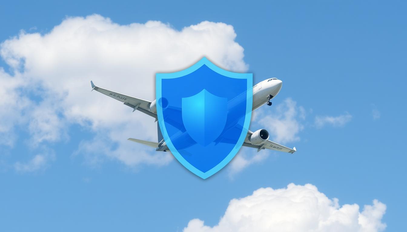 Airplane flying through clouds with a protective insurance shield graphic overlay, illustrating flight accident insurance coverage