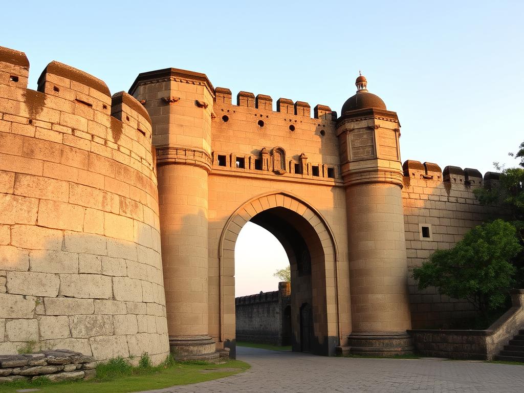 Ancient stone fortifications and entrance gate of Korigad Fort showing Maratha architecture Ancient stone fortifications and entrance gate of Korigad Fort showing Maratha architecture