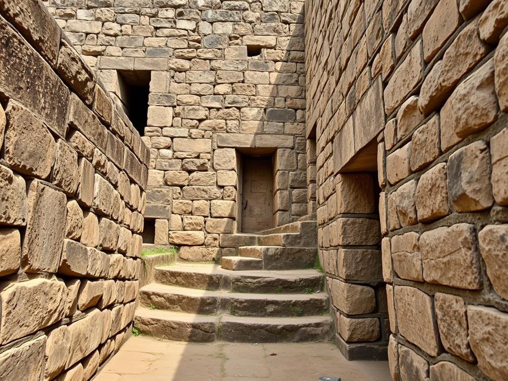 Ancient stone walls and structures of Jungli Jaigad Fort showing historical architecture Ancient stone walls and structures of Jungli Jaigad Fort showing historical architecture