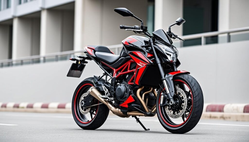 Aprilia Tuono 457 streetfighter motorcycle on an urban street Aprilia Tuono 457 streetfighter motorcycle on an urban street