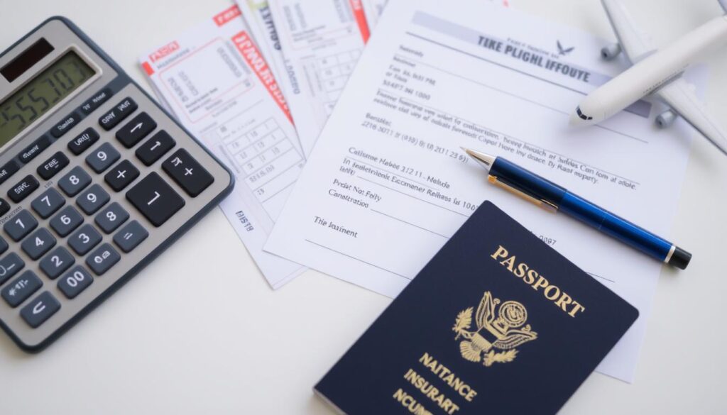 Calculator with flight ticket and insurance policy, illustrating cost factors for flight accident insurance Calculator with flight ticket and insurance policy, illustrating cost factors for flight accident insurance