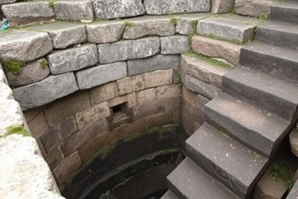 Close-up of a water cistern and stone steps at Jungli Jaigad Fort Close-up of a water cistern and stone steps at Jungli Jaigad Fort