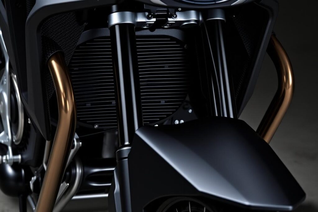 Close-up of the 2025 Honda XL750 Transalp's suspension and chassis components Close-up of the 2025 Honda XL750 Transalp's suspension and chassis components