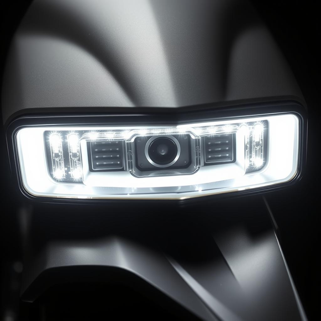 Close-up of the Vida VX2 LED headlamp with distinctive square design Close-up of the Vida VX2 LED headlamp with distinctive square design
