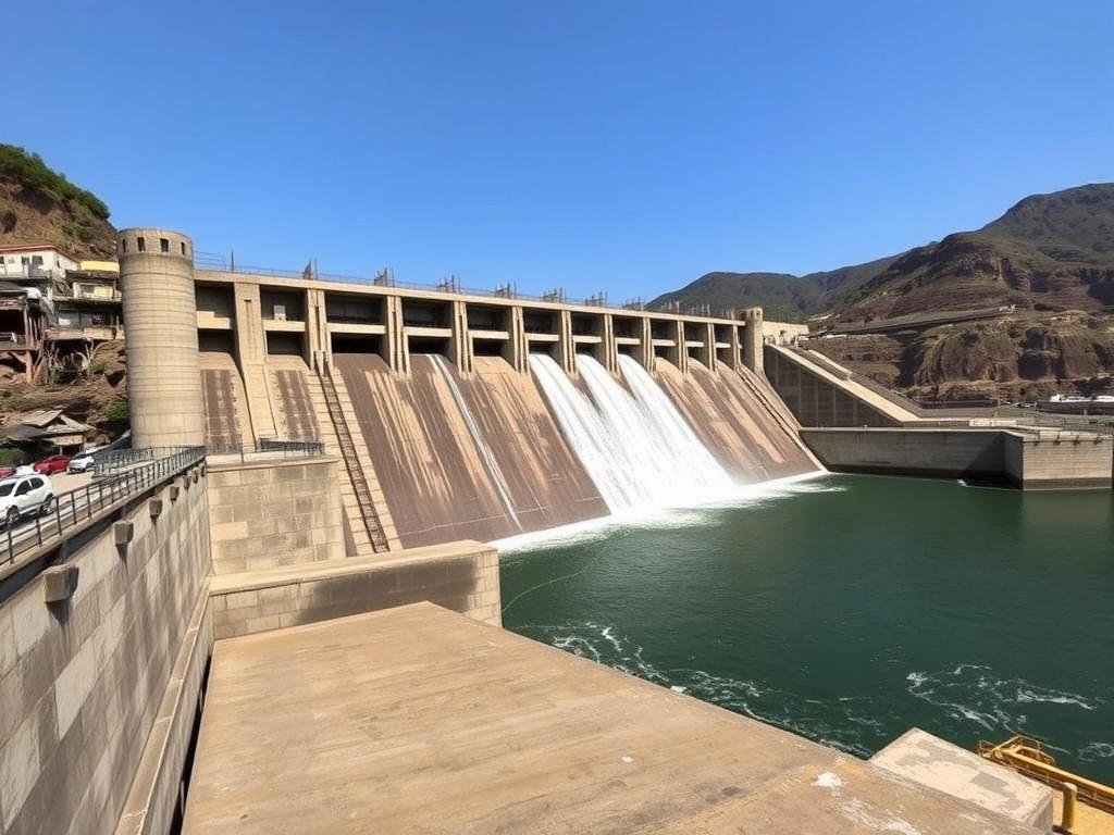 Close view of Koyna Dam with water release gates open Close view of Koyna Dam with water release gates open