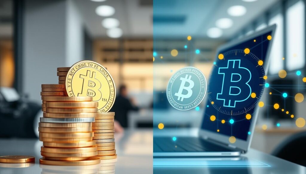 Comparison of physical gold coins and digital cryptocurrency tokens