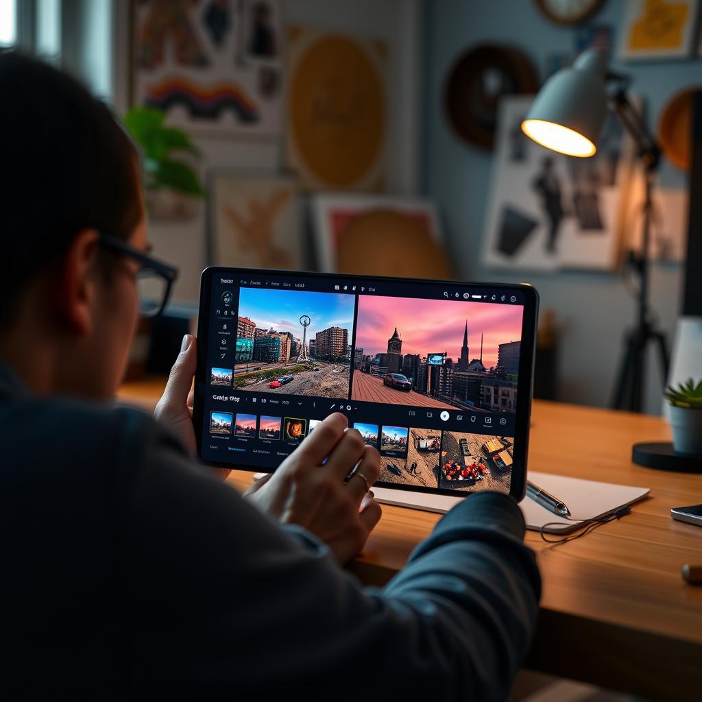 Content creator using Galaxy Z Fold 7 to edit photos on the large inner display Content creator using Galaxy Z Fold 7 to edit photos on the large inner display