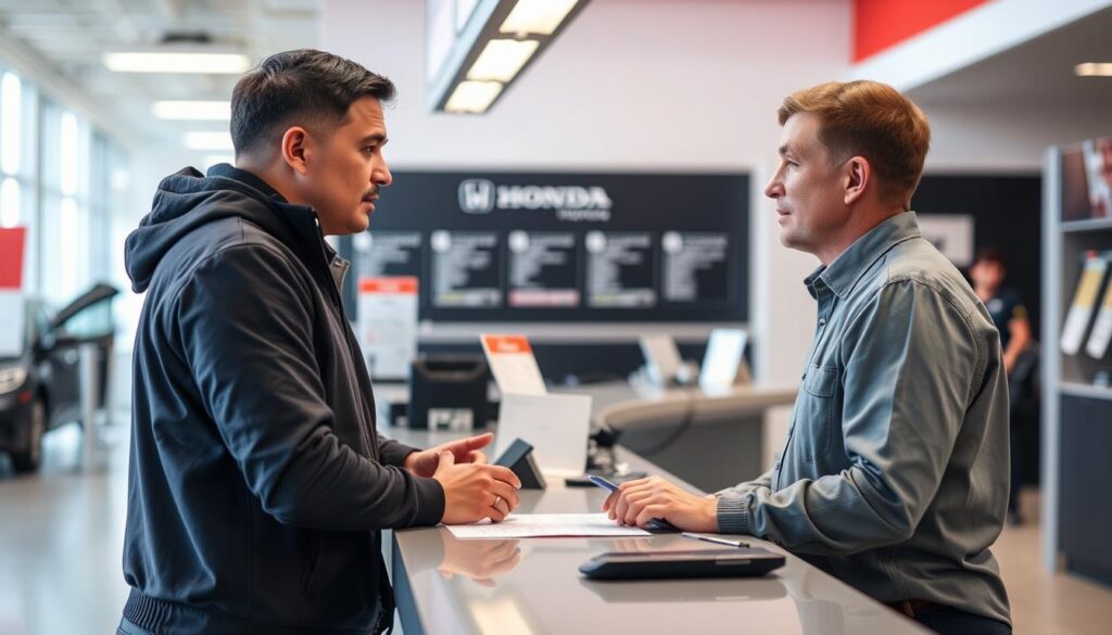 Customer discussing Honda brake pedal recall with service advisor