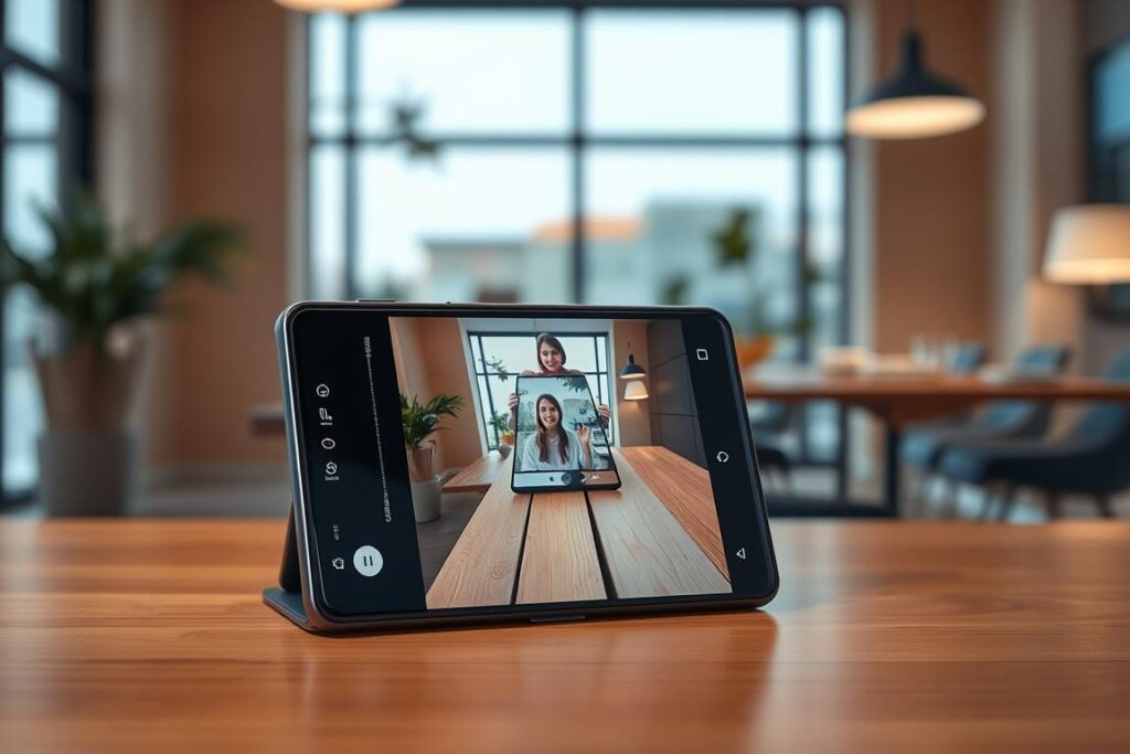 Demonstration of Samsung Galaxy Flip 7's Flex Mode camera capabilities showing the phone partially folded Demonstration of Samsung Galaxy Flip 7's Flex Mode camera capabilities showing the phone partially folded