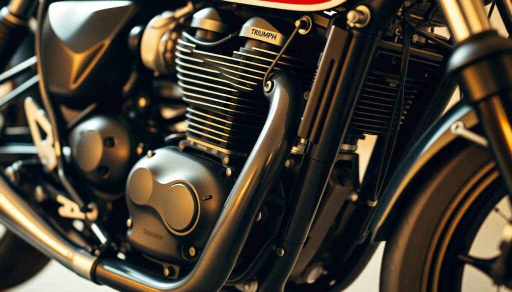 Detailed close-up of a Triumph motorcycle engine and suspension, showcasing the intricate mechanical components. The foreground features the engine block, with its intricate array of cylinders, pistons, and valves, rendered in sharp focus. The middle ground highlights the suspension system, including the forks, shock absorbers, and linkages, captured from a low angle to emphasize their sculptural qualities. The background blurs softly, creating a sense of depth and technical sophistication. Soft, warm lighting illuminates the scene, casting subtle shadows and highlights that accentuate the textures and contours of the machinery. The overall tone is one of precision engineering and mechanical beauty.