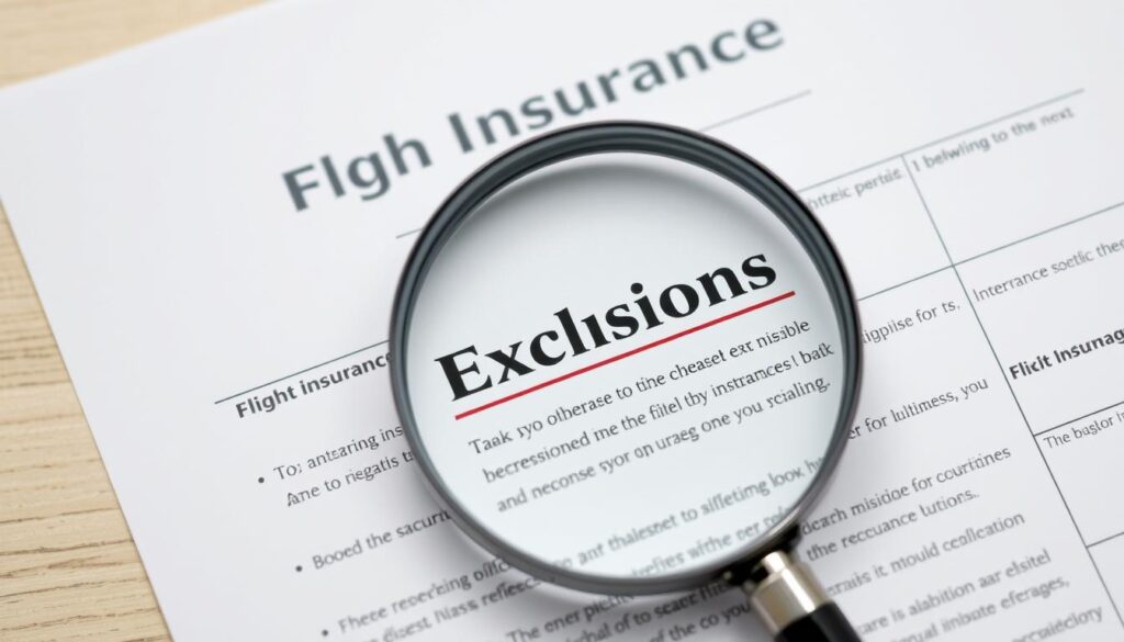 Document with magnifying glass highlighting exclusions section of flight accident insurance policy Document with magnifying glass highlighting exclusions section of flight accident insurance policy