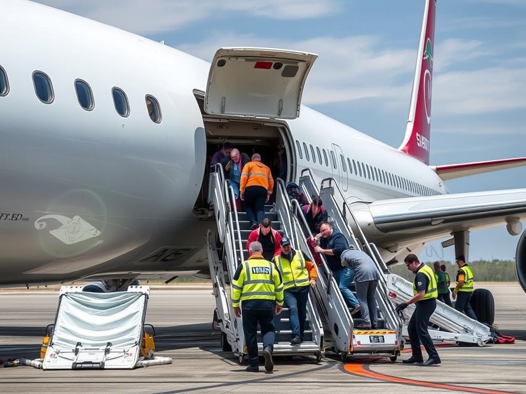 Emergency landing scenario with passengers being evacuated Emergency landing scenario with passengers being evacuated