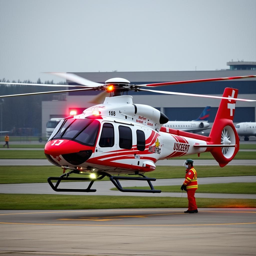 Emergency medical evacuation helicopter, representing evacuation coverage in flight accident insurance Emergency medical evacuation helicopter, representing evacuation coverage in flight accident insurance
