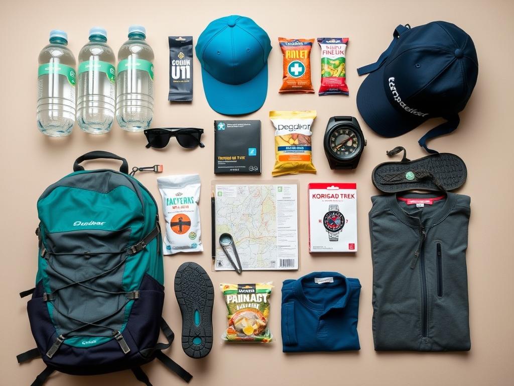 Essential trekking gear laid out for Korigad Trek including backpack, water bottles, and trekking shoes Essential trekking gear laid out for Korigad Trek including backpack, water bottles, and trekking shoes