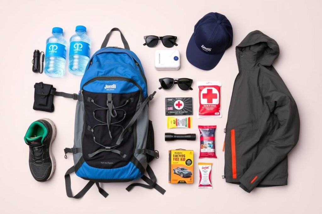 Essential trekking gear laid out including water bottles, trekking shoes, and first aid kit Essential trekking gear laid out including water bottles, trekking shoes, and first aid kit