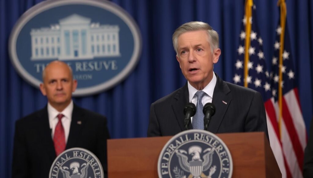 Federal Reserve Chair Jerome Powell announcing interest rate decision during COVID-19 pandemic Federal Reserve Chair Jerome Powell announcing interest rate decision during COVID-19 pandemic