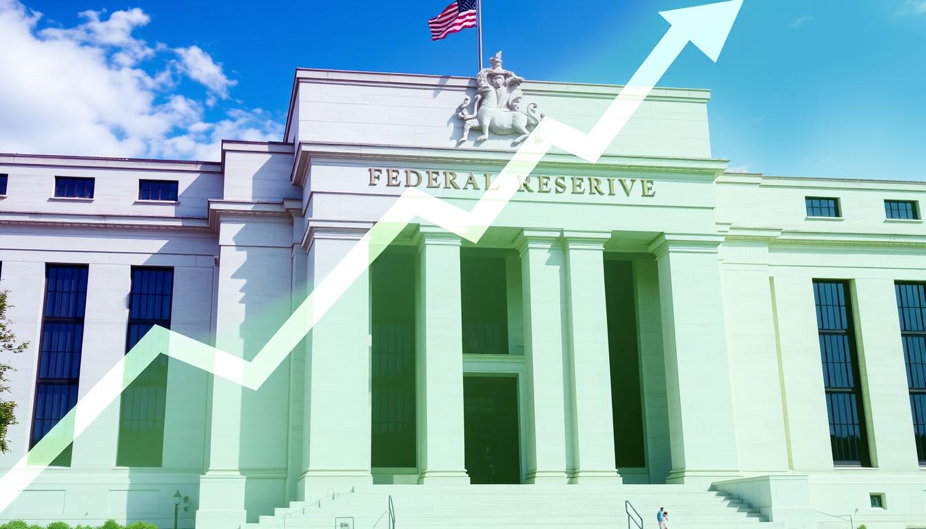 Federal Reserve building in Washington DC with economic graph overlay showing Federal Reserve interest rates