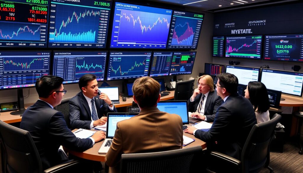 Financial analysts discussing Federal Reserve interest rates impact on markets Financial analysts discussing Federal Reserve interest rates impact on markets