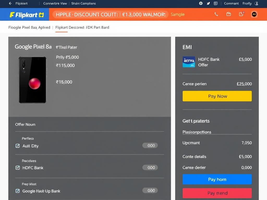 Flipkart checkout page showing Google Pixel 8a with applied discounts and bank offers Flipkart checkout page showing Google Pixel 8a with applied discounts and bank offers