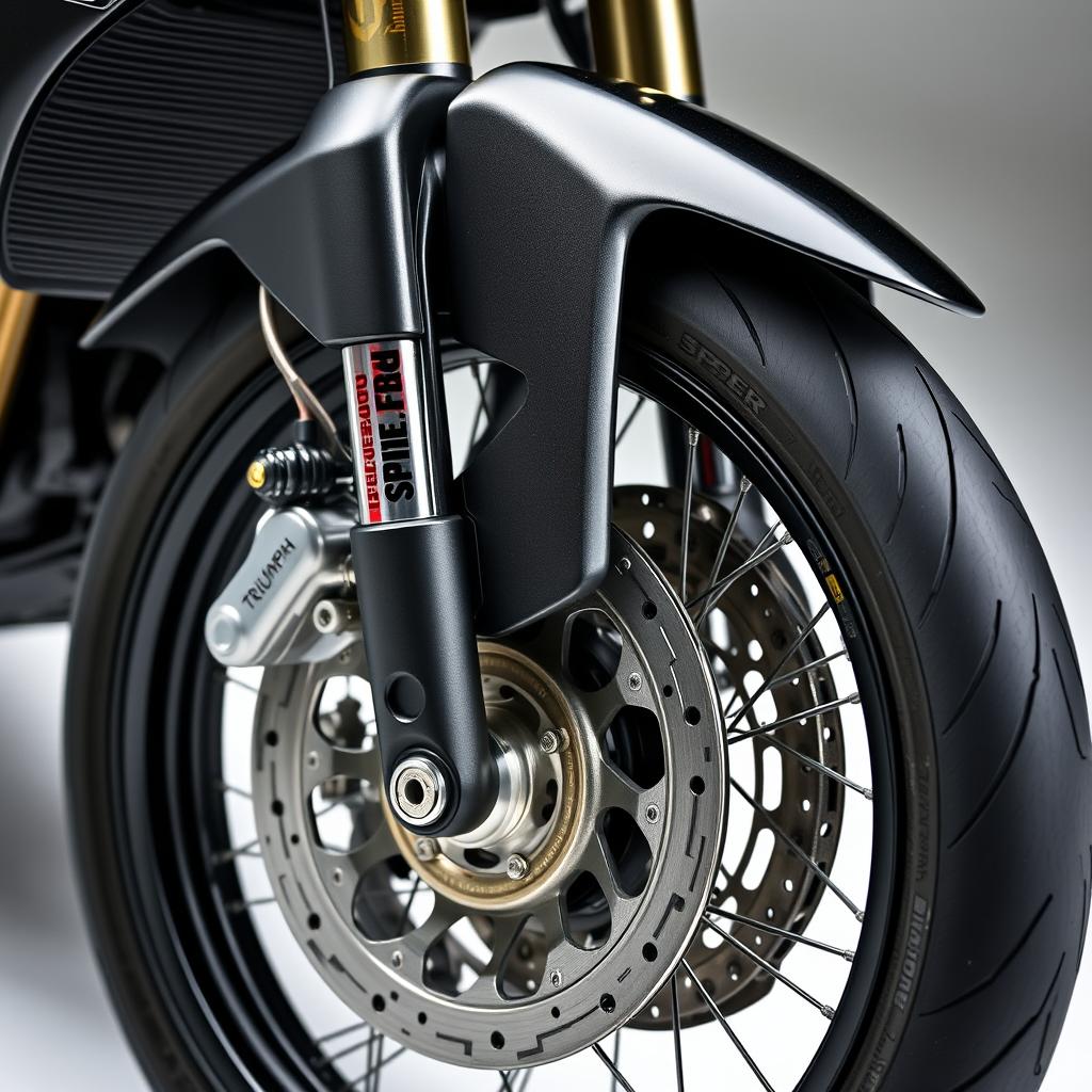 Front suspension of Triumph Speed T4 showing the 43mm telescopic forks Front suspension of Triumph Speed T4 showing the 43mm telescopic forks