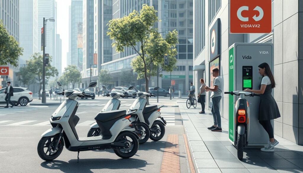 Futuristic visualization of Vida VX2 electric scooters with BaaS subscription transforming urban mobility Futuristic visualization of Vida VX2 electric scooters with BaaS subscription transforming urban mobility