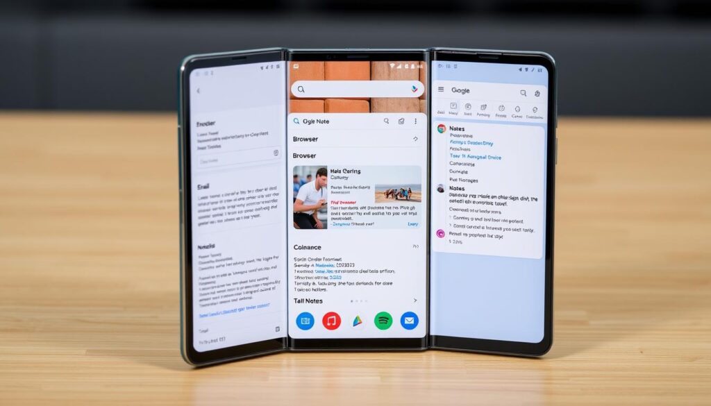 Galaxy Z Fold 7 showing three-app multitasking with taskbar visible Galaxy Z Fold 7 showing three-app multitasking with taskbar visible
