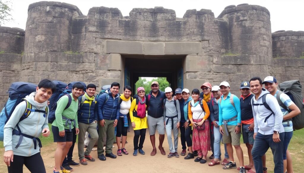 Group of happy trekkers at Korigad Fort entrance celebrating successful trek completion Group of happy trekkers at Korigad Fort entrance celebrating successful trek completion
