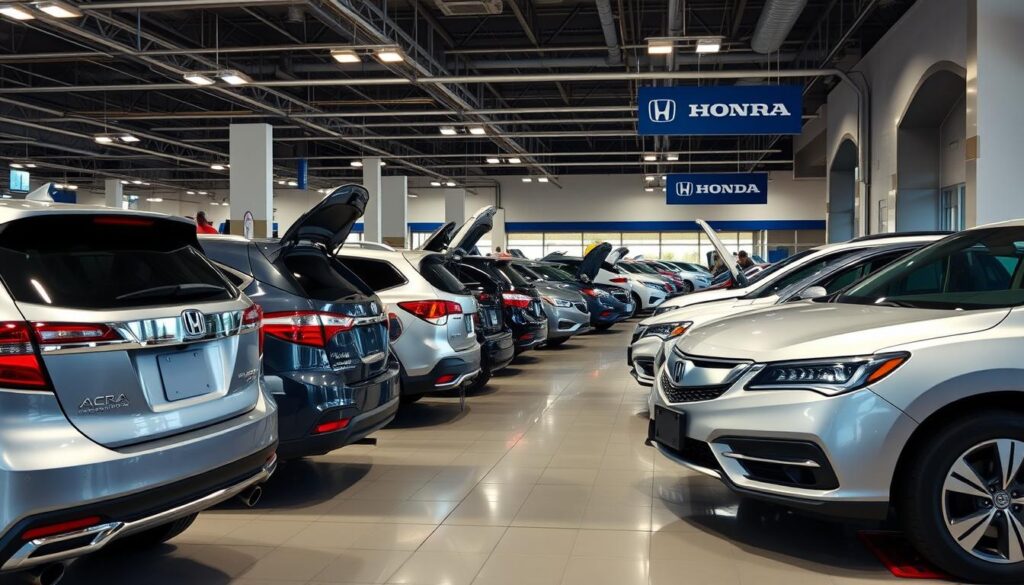 Honda and Acura vehicles at dealership service center