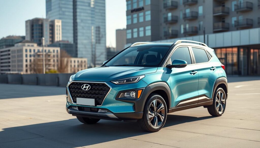 Hyundai Venue Hybrid compact SUV exterior design in urban setting Hyundai Venue Hybrid compact SUV exterior design in urban setting