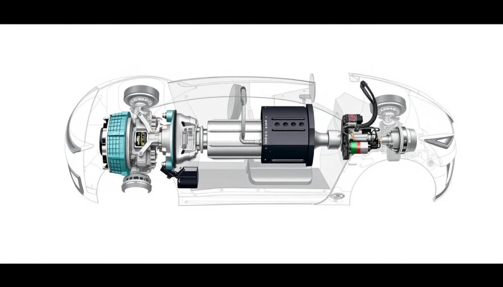 Hyundai's hybrid technology powertrain system diagram showing electric motor and combustion engine integration Hyundai's hybrid technology powertrain system diagram showing electric motor and combustion engine integration