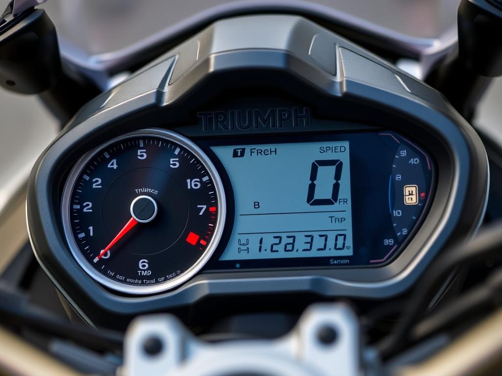 Instrument cluster of Triumph Speed T4 showing the semi-digital display Instrument cluster of Triumph Speed T4 showing the semi-digital display