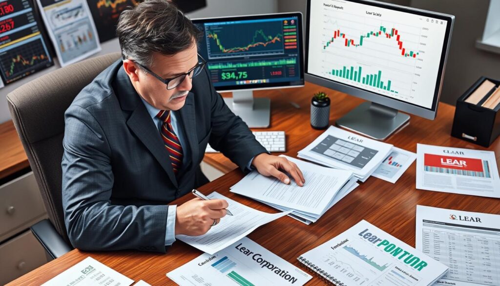 Investor analyzing Lear Corporation financial reports and stock charts Investor analyzing Lear Corporation financial reports and stock charts