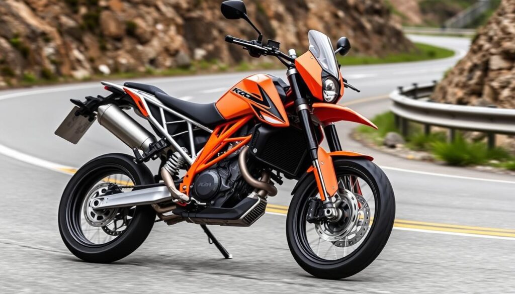 KTM 390 SMC R supermoto motorcycle on a winding mountain road KTM 390 SMC R supermoto motorcycle on a winding mountain road